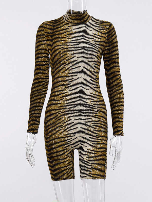 Long Sleeves Leopard Tiger Skin Pattern Zipper High-Neck Rompers