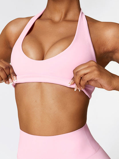 Skinny Wrap Backless Solid Color U-Neck Sports Bra