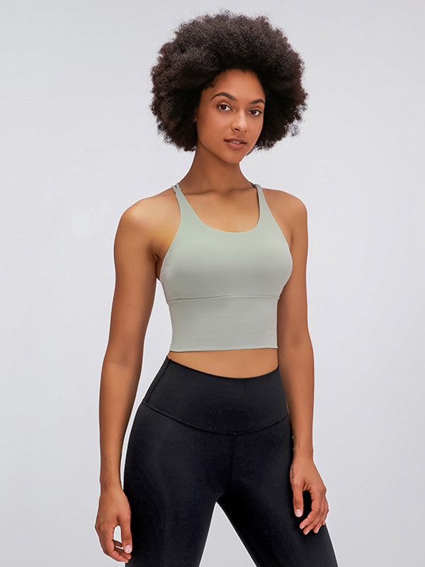 Skinny Wrap Yoga Tops Hollow Solid Color Spaghetti-Neck Bra