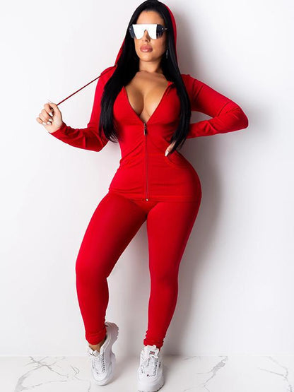 Casual Solid Color Zipper Hooded Sports Suits