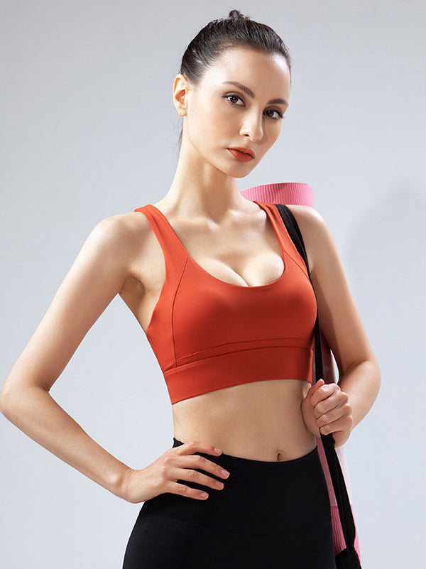 Back Cross Buckle Hollow Solid Color Halter-Neck Sports Bra