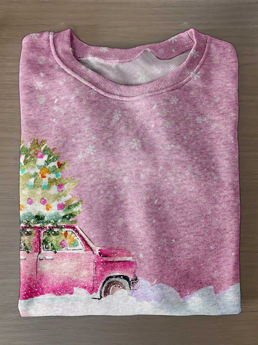 Winter Pink Truck Printed Long Sleeve Casual Top