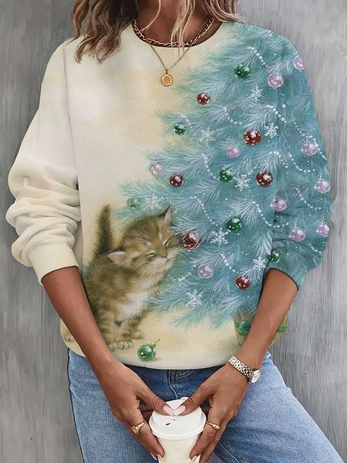 Christmas Cat Printed Long Sleeve Casual Top