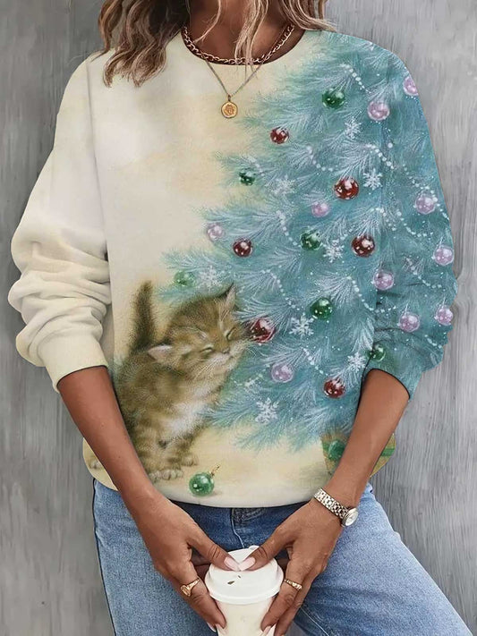 Christmas Cat Printed Long Sleeve Casual Top
