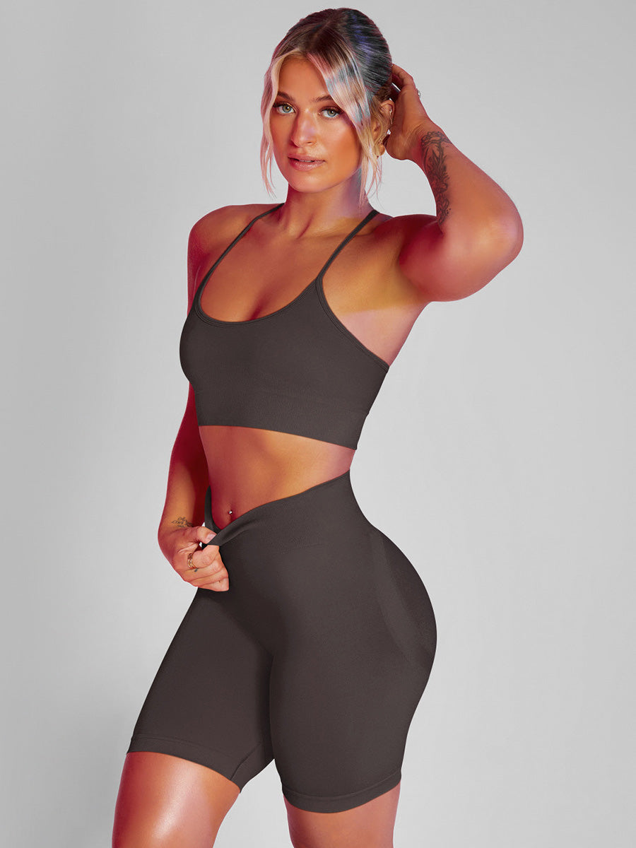 Solid Color Back Crossover Bra & Leggings Sports Suits