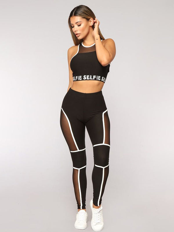 Plus Size Color-Block Letter Print Mesh Split-Joint Round-Neck Bra&Leggings Suits