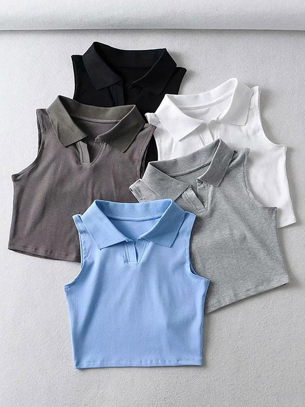 Solid Color Sleeveless Lapel Sports Casual Tanks