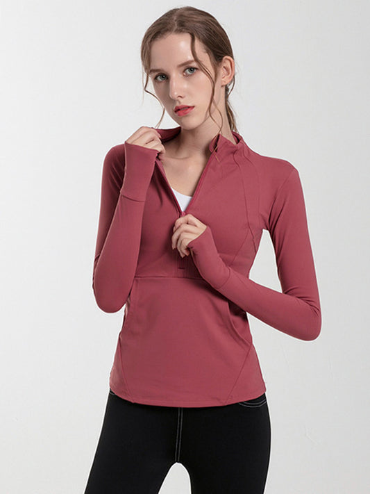 Solid Color Breathable Quick-Dry Zipper Collar Long Sleeves Wrap Sport Tee