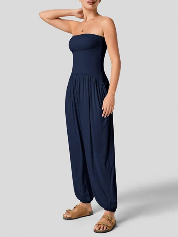 Loose Sleeveless Pleated Pockets Solid Color Tube Jumpsuits