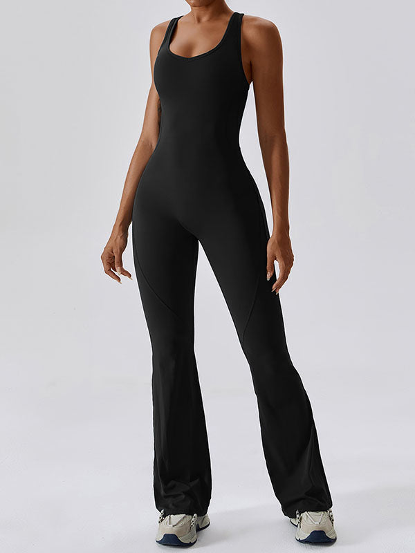 Skinny Wrap Backless Solid Color U-Neck Jumpsuits