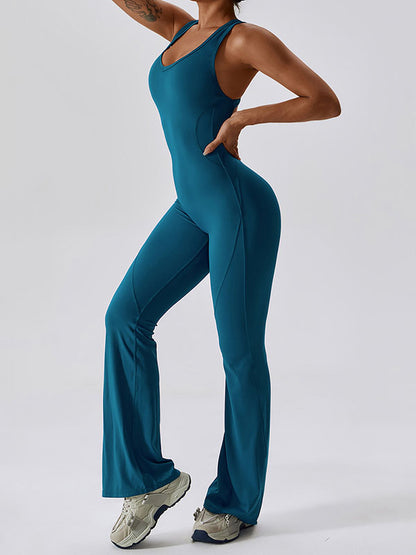 Skinny Wrap Backless Solid Color U-Neck Jumpsuits