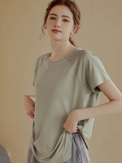 Loose Short Sleeves Solid Color Split-Side Round-Neck Yoga Tops