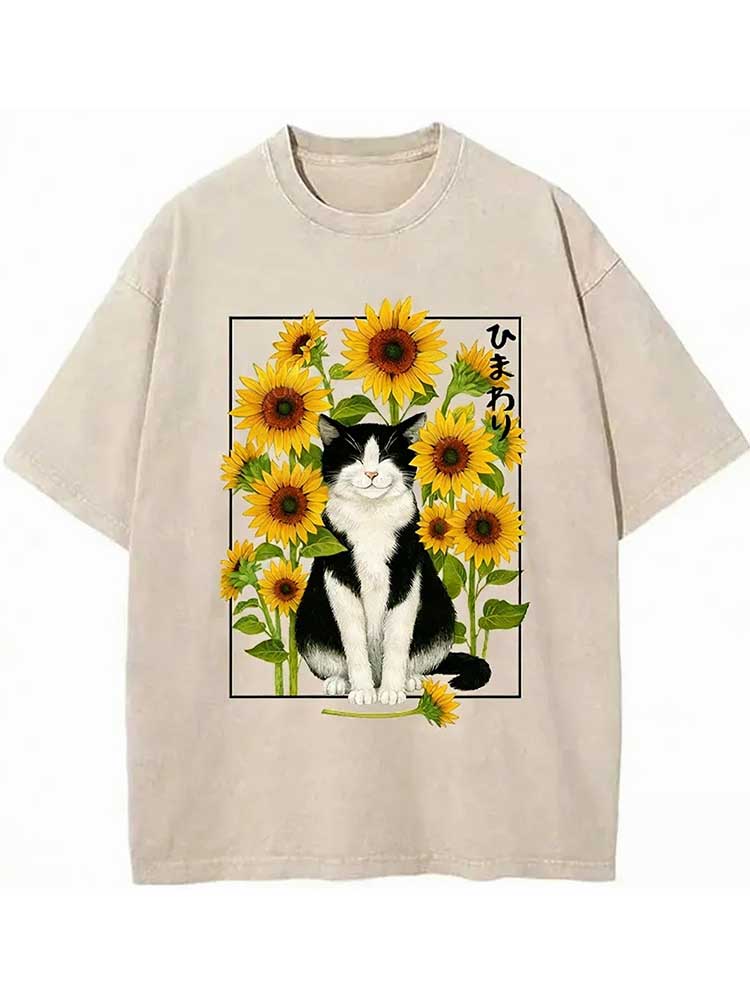 Funny Sunflower And Cat Poster Washed T-shirt