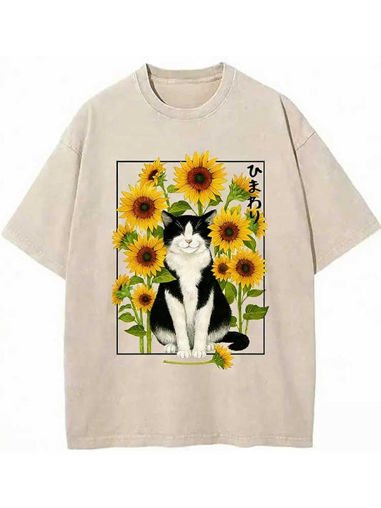 Funny Sunflower And Cat Poster Washed T-shirt