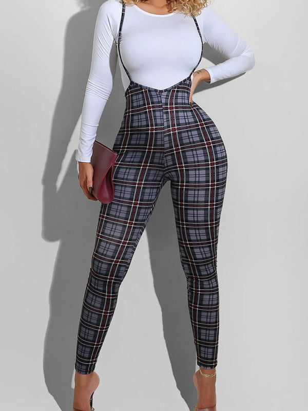 Check Print Stretch Slim Fit Jumpsuits