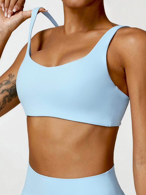 Skinny Wrap Hollow Solid Color Spaghetti-Neck Sports Bra