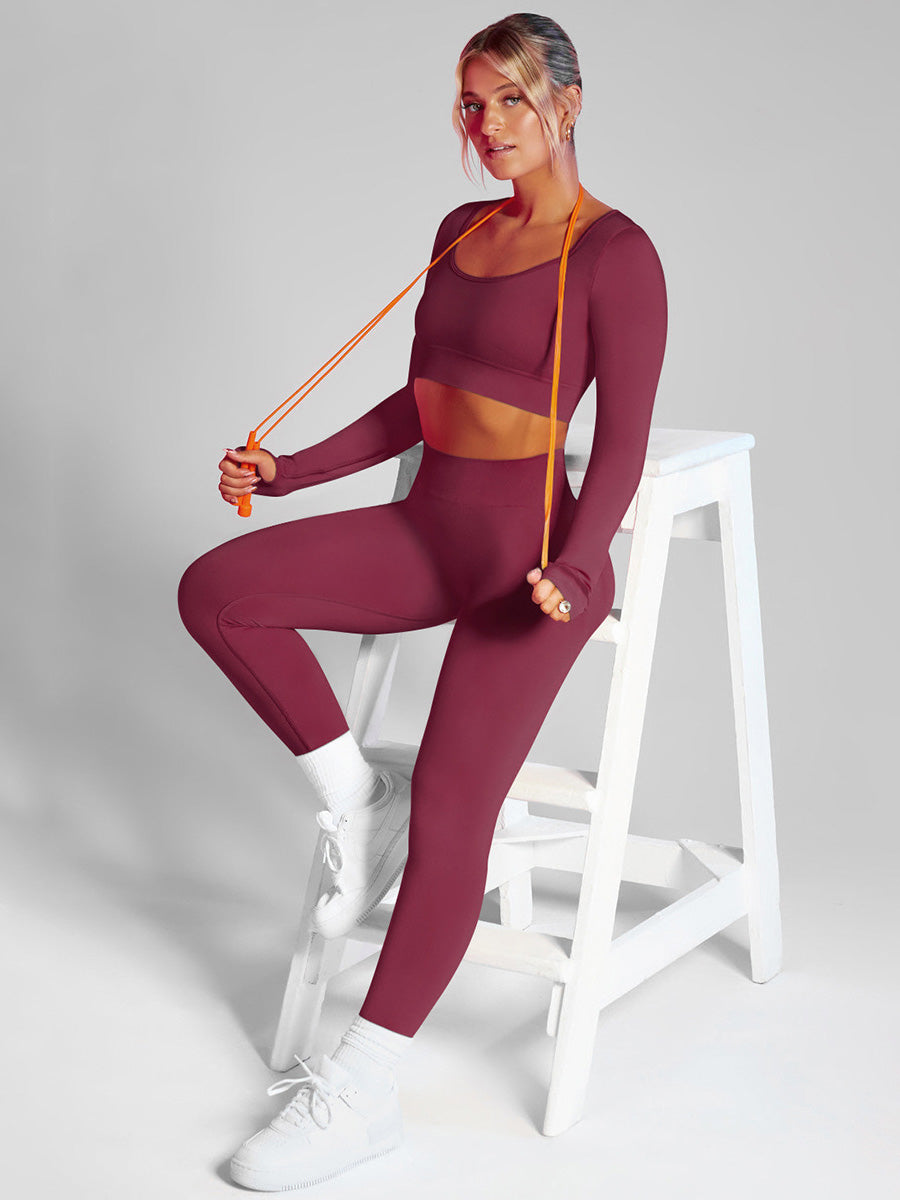 Solid Color Low Neck Long Sleeve Yoga Suit