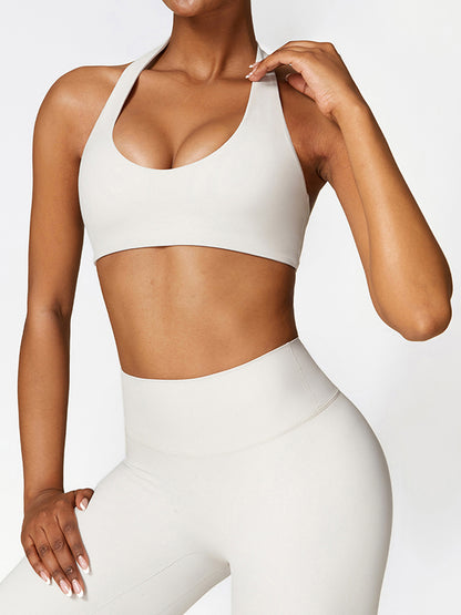 Skinny Wrap Backless Solid Color U-Neck Sports Bra