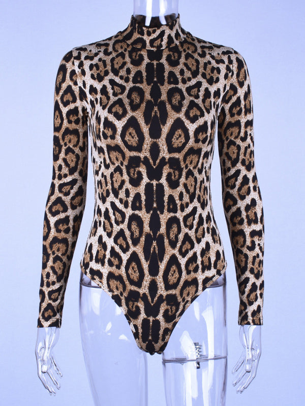 Long Sleeves Wrap Leopard High-Neck Bodysuits