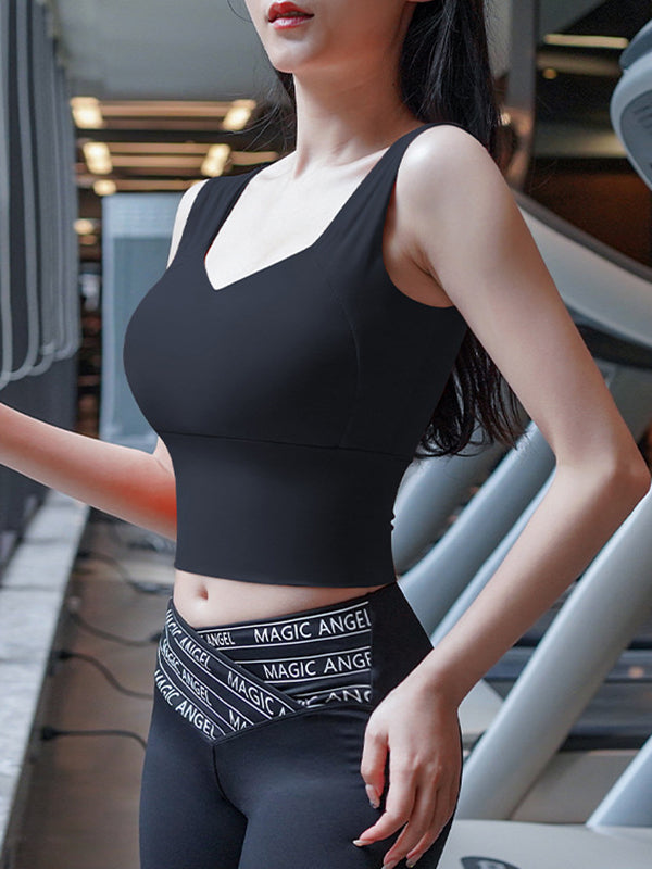 Skinny Wrap Solid Color Spaghetti-Neck Sports Bra