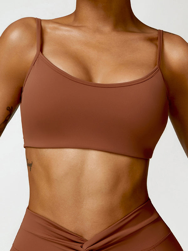 Skinny Wrap Backless Knot Solid Color Spaghetti-Neck Sports Bra