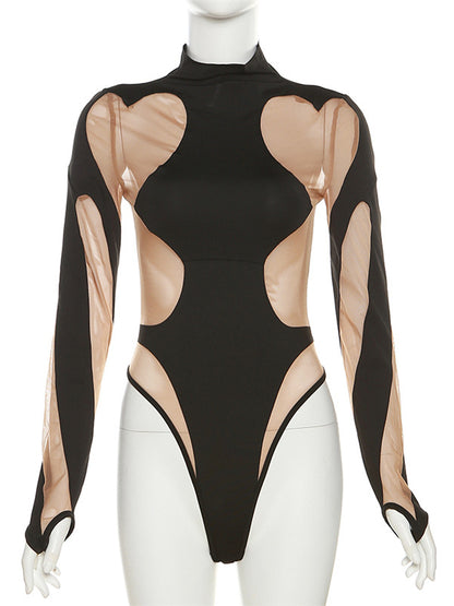 Long Sleeves Wrap Color-Block Split-Joint High-Neck Bodysuits