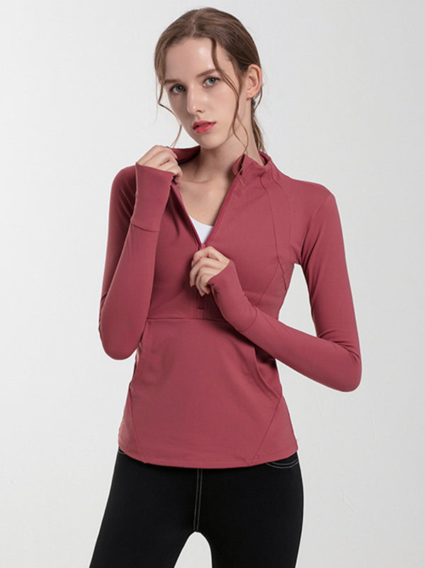 Long Sleeves Skinny Pockets Solid Color Zipper Yoga Tops