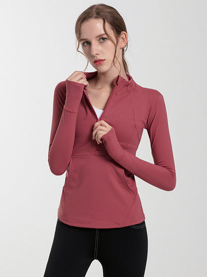 Long Sleeves Skinny Pockets Solid Color Zipper Yoga Tops