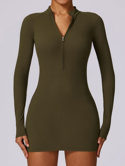 Long Sleeves Skinny Solid Color Zipper Round-Neck Mini Dresses