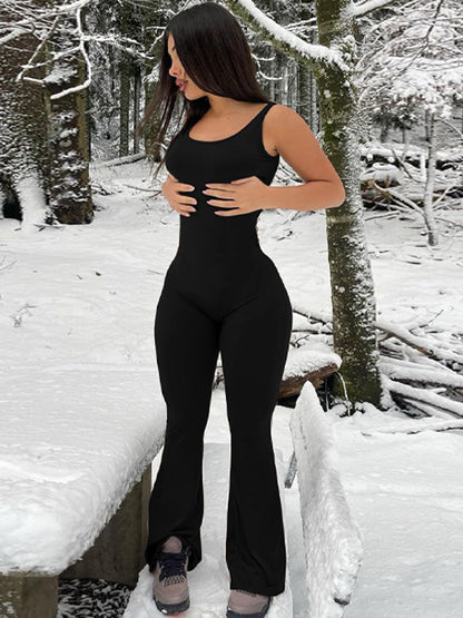 Backless Hollow Solid Color Flared U-Neck Jumpsuits