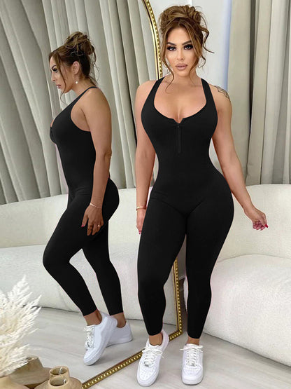 Skinny Wrap Solid Color Zipper Jumpsuits