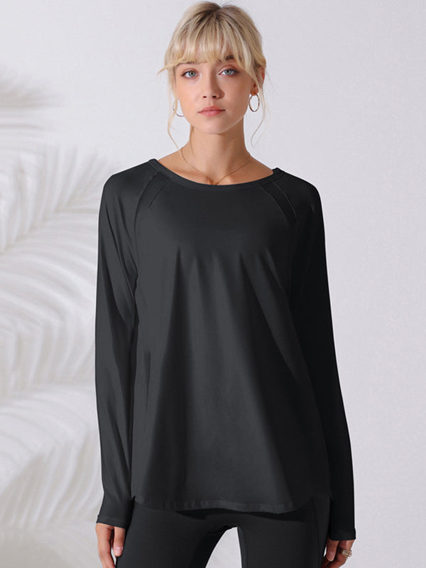 Long Sleeves Loose Hollow Solid Color Round-Neck Yoga Tops