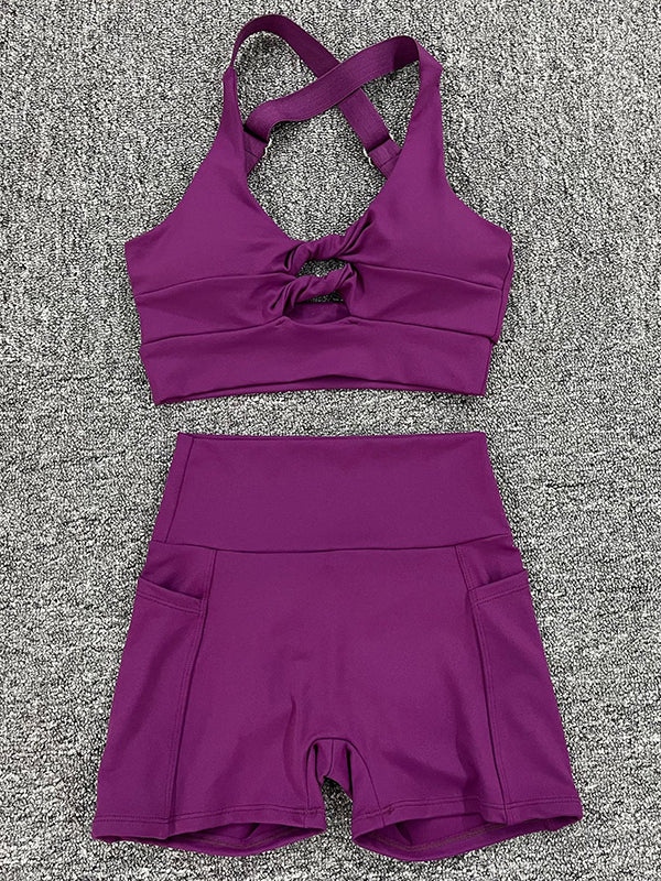 Skinny Wrap Hollow Halter-Neck Sports Bra&Pockets Shorts Solid Color Suits