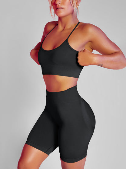 Solid Color Back Crossover Bra & Leggings Sports Suits