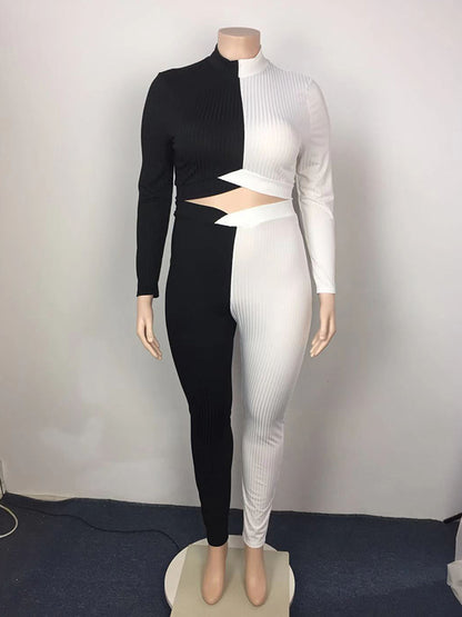 Plus Size Long Sleeves Skinny Color-Block High-Neck Suits