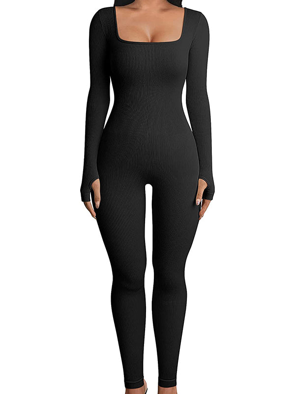 Sports Skinny Long Sleeves Solid Color Square-Neck Jumpsuits Bottoms