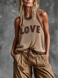 Chic Casual Camel Colorblock Chenille Embroidery Round-Neck Sleeveless Loose-Fit Knit Tank Top_Camel