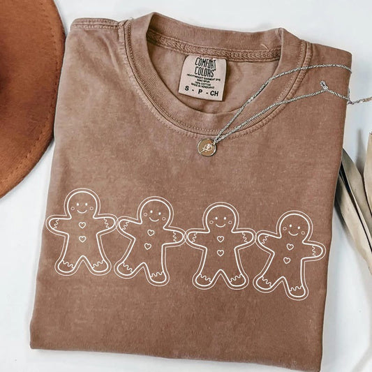 Christmas  Gingerbread Man Washed Cotton Crew Neck T-Shirt