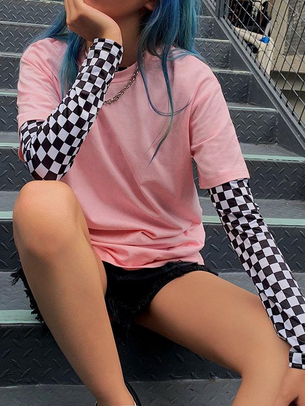 Fashion Square Plaid Sleeves T-shirt