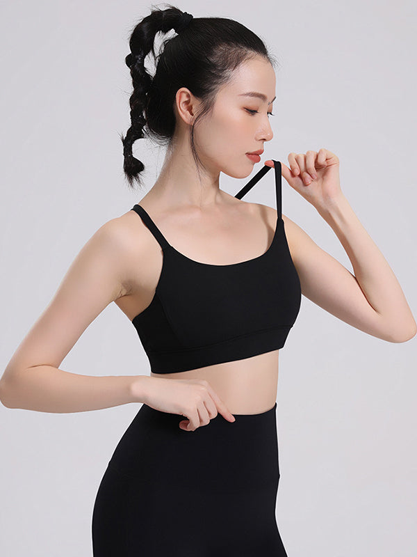 Skinny Wrap Hollow Solid Color V-Back Spaghetti-Neck Sports Bra