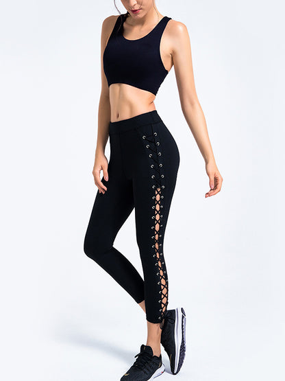 Bandage-Side Solid Bra & Leggings Suits