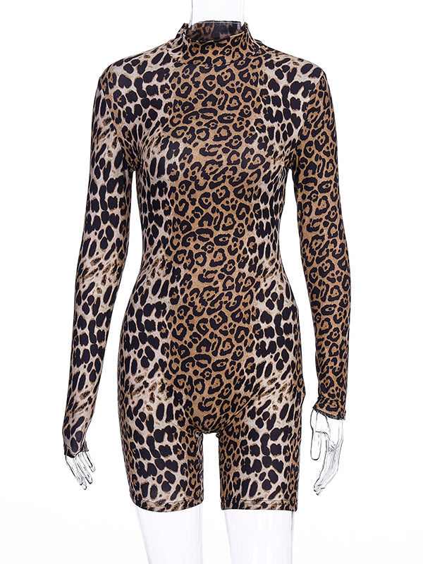 Long Sleeves Leopard Tiger Skin Pattern Zipper High-Neck Rompers