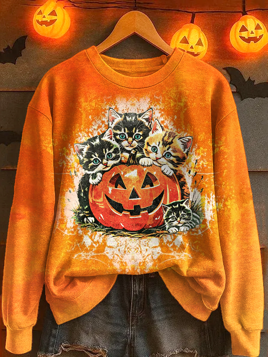 Halloween Cat And Punmkin Printed Long Sleeve Casual Top