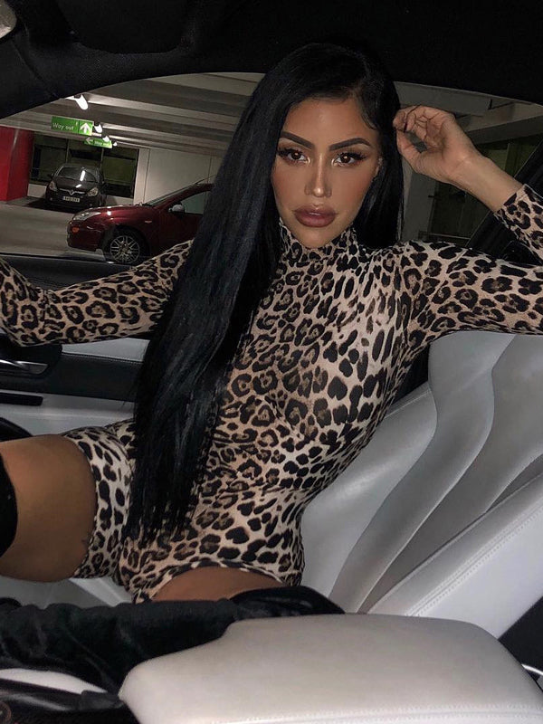 Long Sleeves Leopard Tiger Skin Pattern Zipper High-Neck Rompers