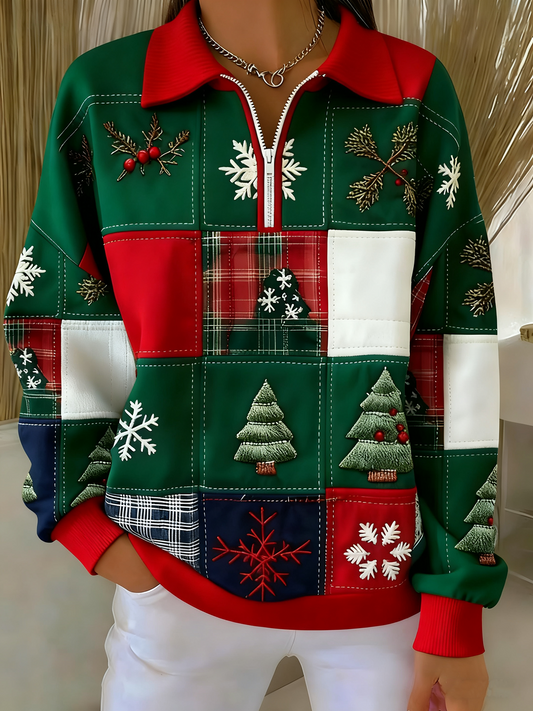 Women's Vintage Christmas Art Long Sleeve Zipper Sweatshirt