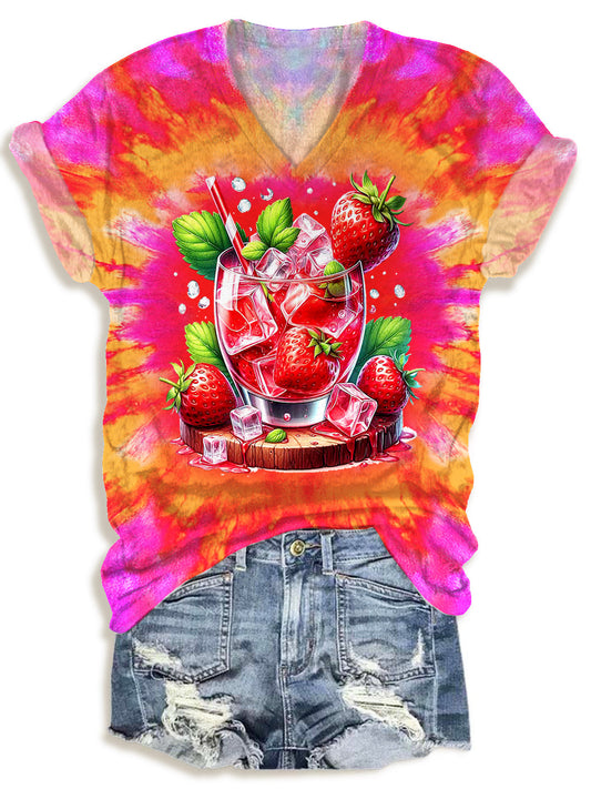 Tie Dye Strawberry V-neck T-Shirt