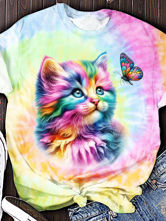 Cute Cat And Butterfly Crew Neck T-shirt