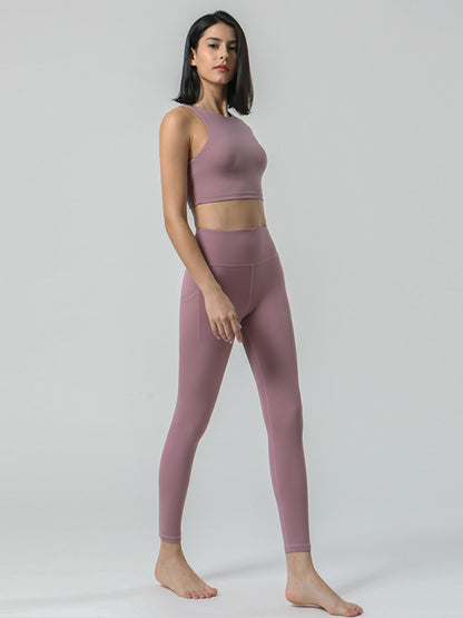 Breathable Solid Color High-Waisted Pockets Yoga Suits