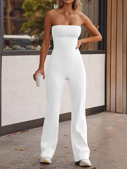 Bandeau Flared Pants Solid Color Striped Tube Yoga Jumpsuits