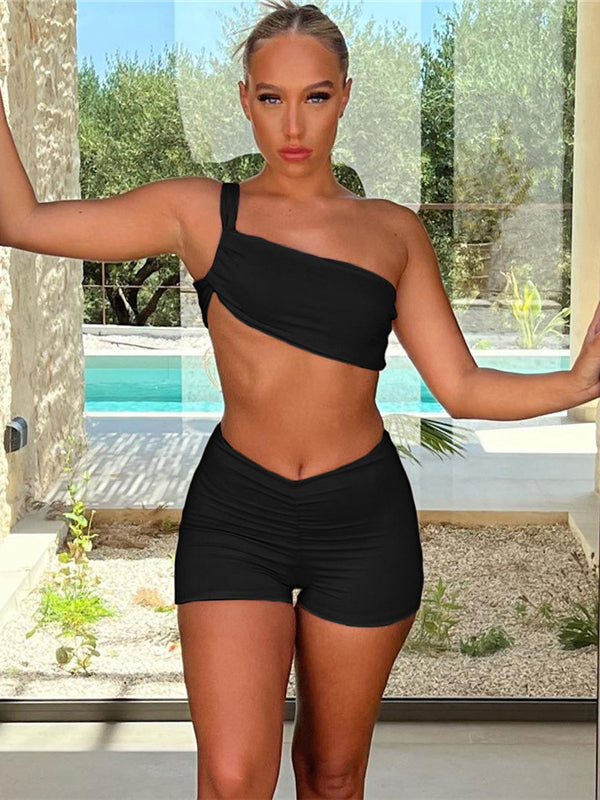 Skinny Wrap Hollow Bra&Shorts Solid Color One-Shoulder Suits